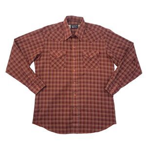 Vintage Panhandle Slim Shirt Mens 16.5 Red Plaid Pearl Snap Western Made in USA